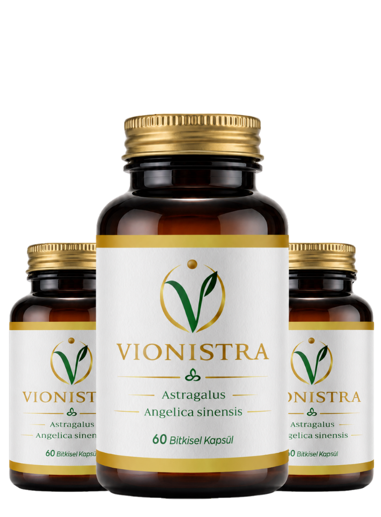 Vionistra 60 bitkisel kapsül ürün şişelerinin üçlü sunumu